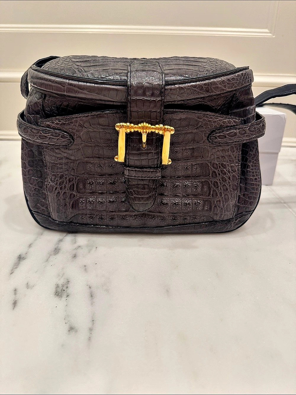 Crocodile leather cross body Bag in Grey with navy interior